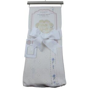 Bonbini NY Ivory Knit Blue Flower Embroidered Baby Blanket Infant Girls NWT RARE